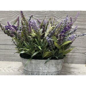 Faux Floral Lavender in Metal Planter Flower Arrangement Spring Cottagecore
